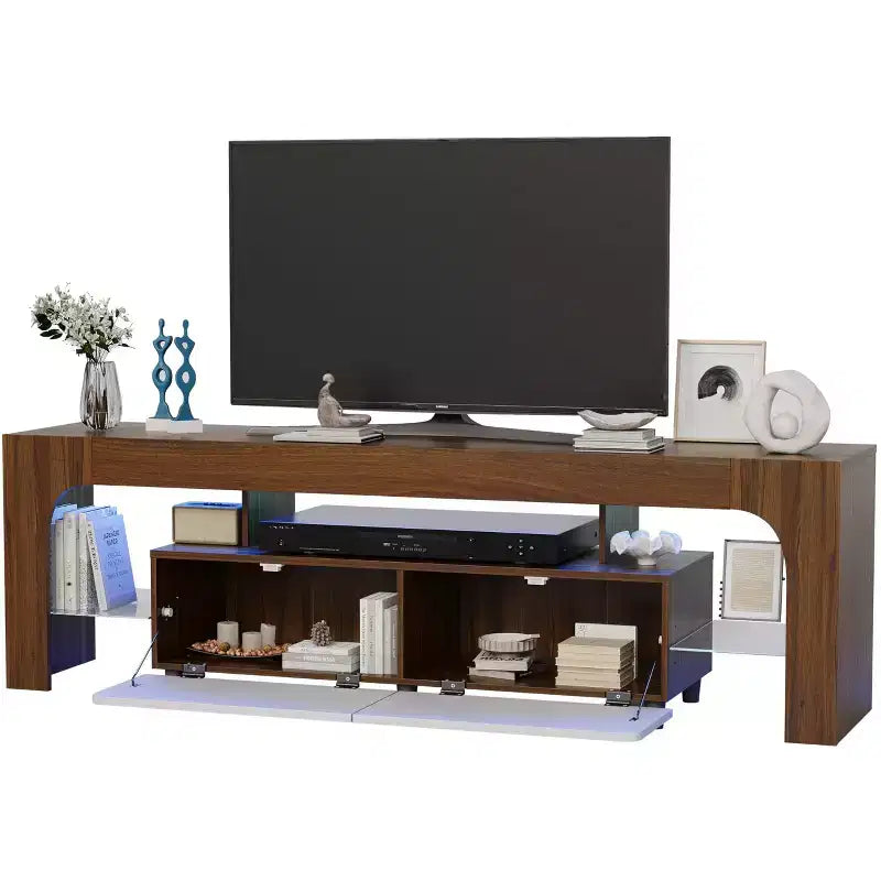 Meuble TV LED moderne pour téléviseurs jusqu'à 70 pouces, console de divertissement en bois blanc avec éclairage RVB, 2 tiroirs, étagères transparentes réglables