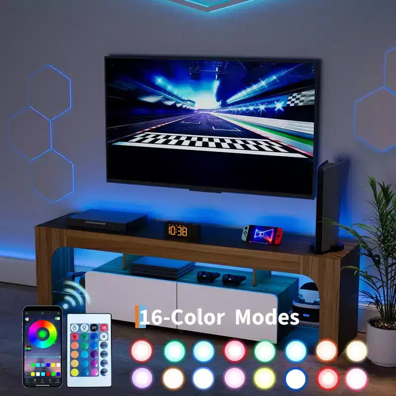 Meuble TV LED moderne pour téléviseurs jusqu'à 70 pouces, console de divertissement en bois blanc avec éclairage RVB, 2 tiroirs, étagères transparentes réglables