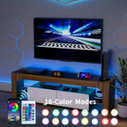 Meuble TV LED moderne pour téléviseurs jusqu'à 70 pouces, console de divertissement en bois blanc avec éclairage RVB, 2 tiroirs, étagères transparentes réglables