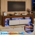 Meuble TV LED moderne pour téléviseurs jusqu'à 70 pouces, console de divertissement en bois blanc avec éclairage RVB, 2 tiroirs, étagères transparentes réglables