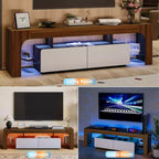 Meuble TV LED moderne pour téléviseurs jusqu'à 70 pouces, console de divertissement en bois blanc avec éclairage RVB, 2 tiroirs, étagères transparentes réglables