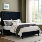 Royal Hampton Queen Size Bed, Wingback Headboard In Black Velvet Like Upholstery