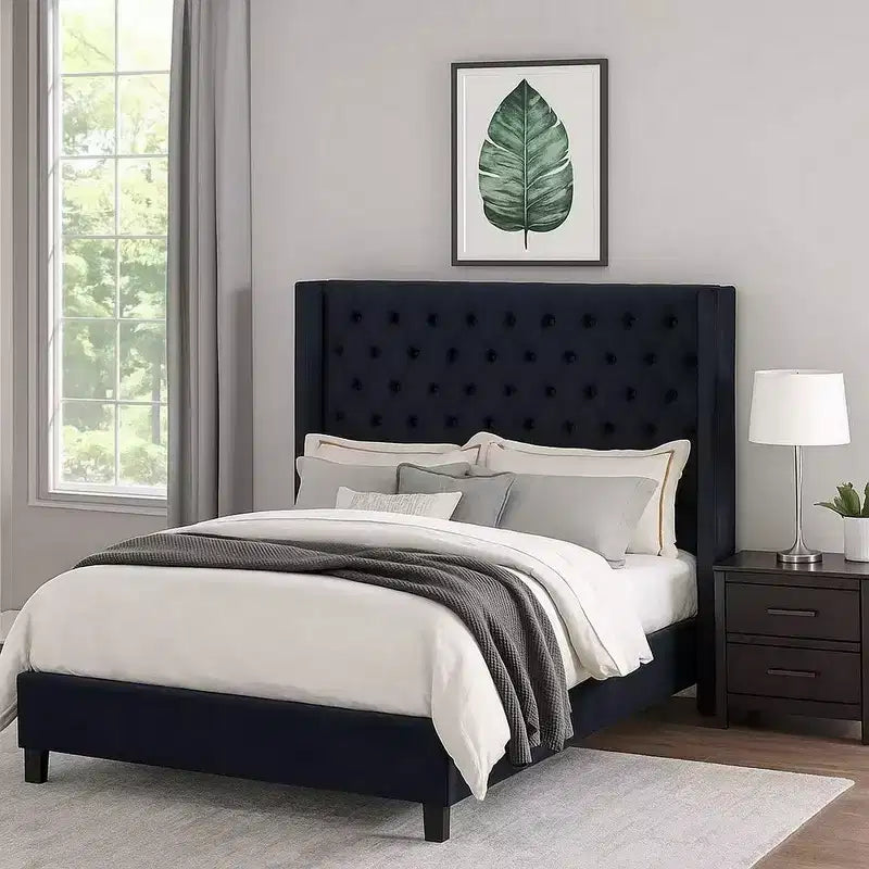 Lit Queen Size Royal Hampton, Tête de lit à Oreilles en Velours Noir