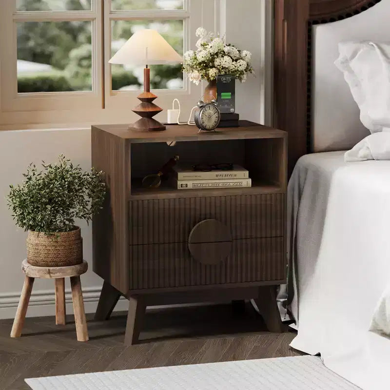 Lot de 1 tables de chevet cannelées en chêne et frêne avec 2 tiroirs et étagère ouverte pour chambre/bureau