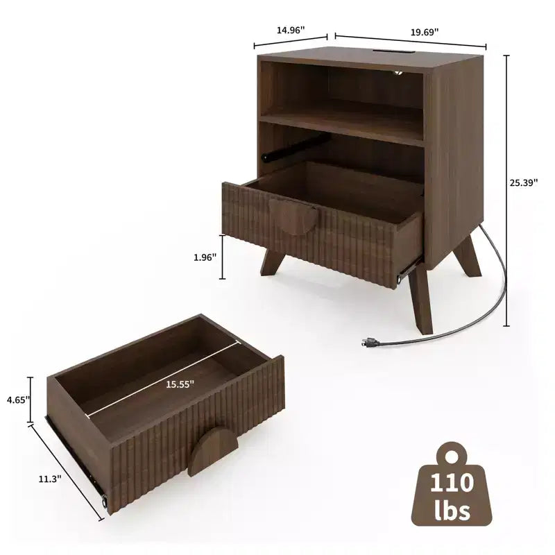 Lot de 1 tables de chevet cannelées en chêne et frêne avec 2 tiroirs et étagère ouverte pour chambre/bureau