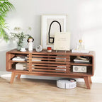 Meuble TV Costway avec porte coulissante, étagères réglables et pieds en bois d'hévéa pour TV jusqu'à 55''