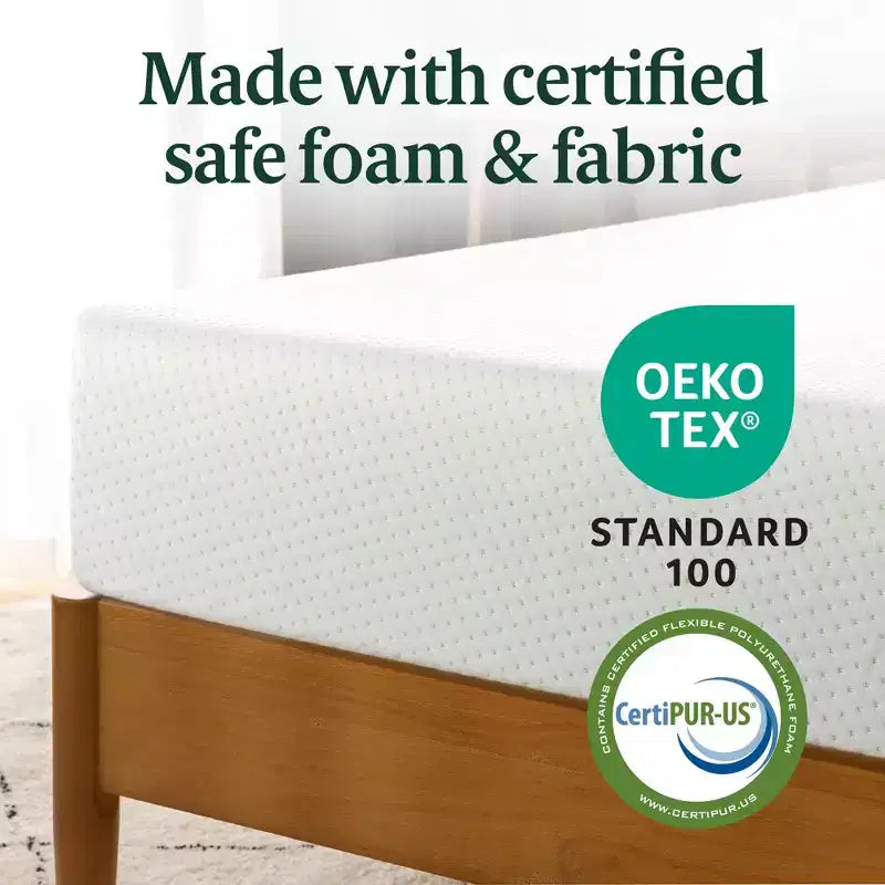 Matelas en mousse à mémoire de forme Zinus 8" Queen au thé vert, sans fibre de verre, fermeté moyenne, soulagement de la pression zoné, mousses et tissus certifiés sûrs.