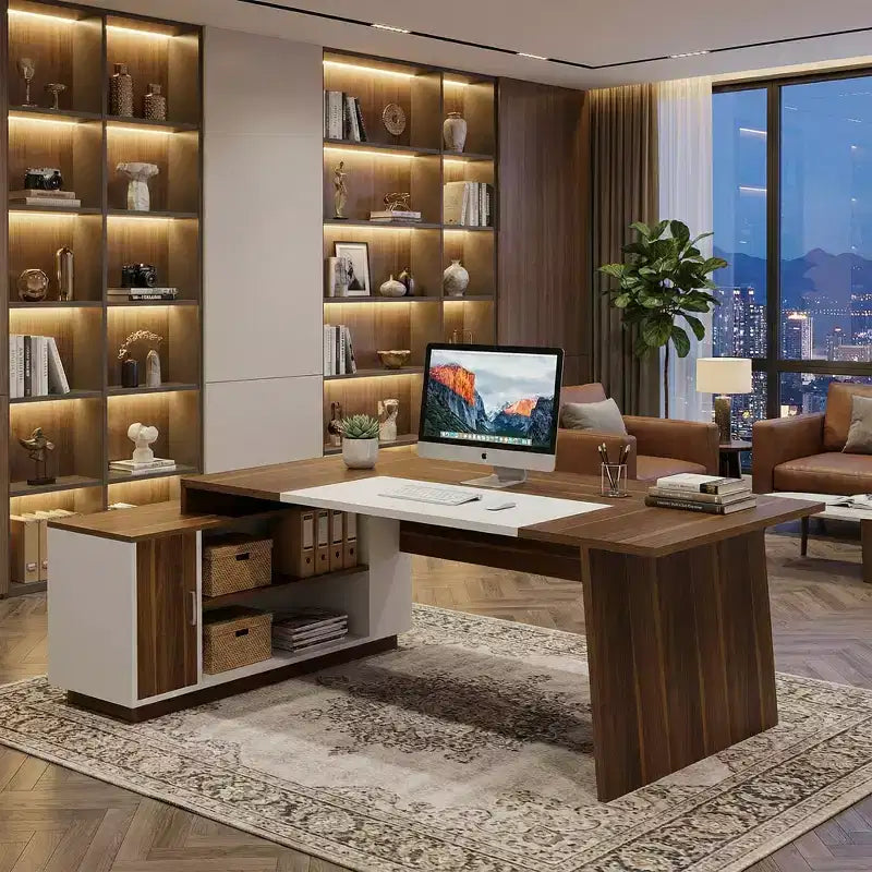 MAYEERTY Bureau de direction en L de 70,5 L, Bureau d'ordinateur de maison avec armoire