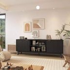 Meuble TV noir moderne de 63 pouces avec prises de courant, étagère réglable, console de centre de divertissement spacieuse pour salon ou chambre à coucher