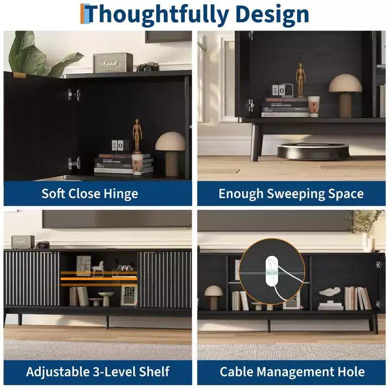Meuble TV noir moderne de 63 pouces avec prises de courant, étagère réglable, console de centre de divertissement spacieuse pour salon ou chambre à coucher