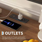 Meuble TV noir moderne de 63 pouces avec prises de courant, étagère réglable, console de centre de divertissement spacieuse pour salon ou chambre à coucher