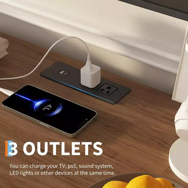 Meuble TV noir moderne de 63 pouces avec prises de courant, étagère réglable, console de centre de divertissement spacieuse pour salon ou chambre à coucher