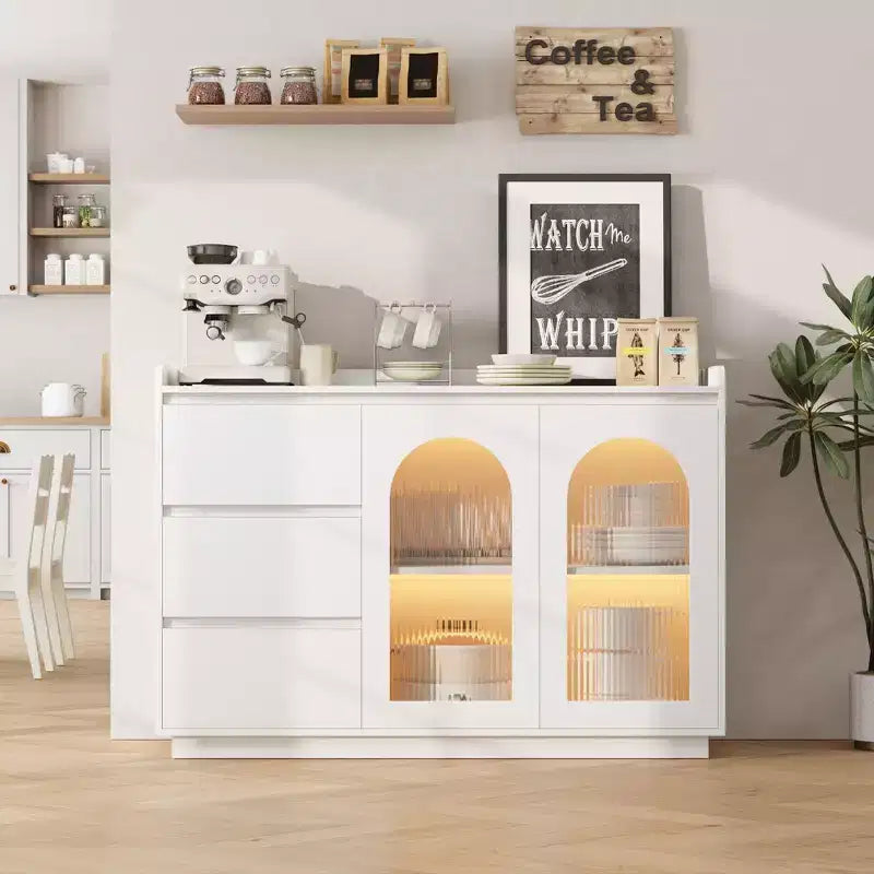 Buffet de café moderne à 48 portes vitrées, 3 tiroirs et éclairage - Meuble de rangement de cuisine pour salle à manger et salon
