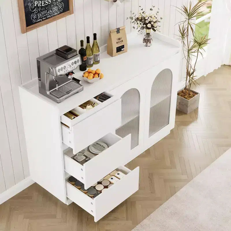 Buffet de café moderne à 48 portes vitrées, 3 tiroirs et éclairage - Meuble de rangement de cuisine pour salle à manger et salon