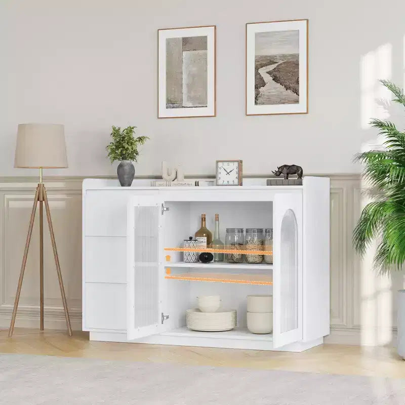 Buffet de café moderne à 48 portes vitrées, 3 tiroirs et éclairage - Meuble de rangement de cuisine pour salle à manger et salon