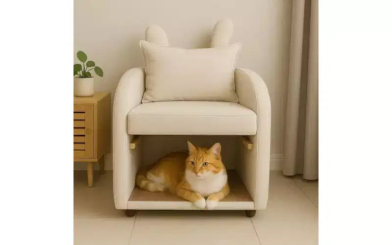 JVNOXK Fauteuil convivial pour animaux de compagnie de 27 pouces avec oreilles de lapin, cachette intégrée pour chat/chien et poches latérales, canapé-chaise confortable à double usage, beige
