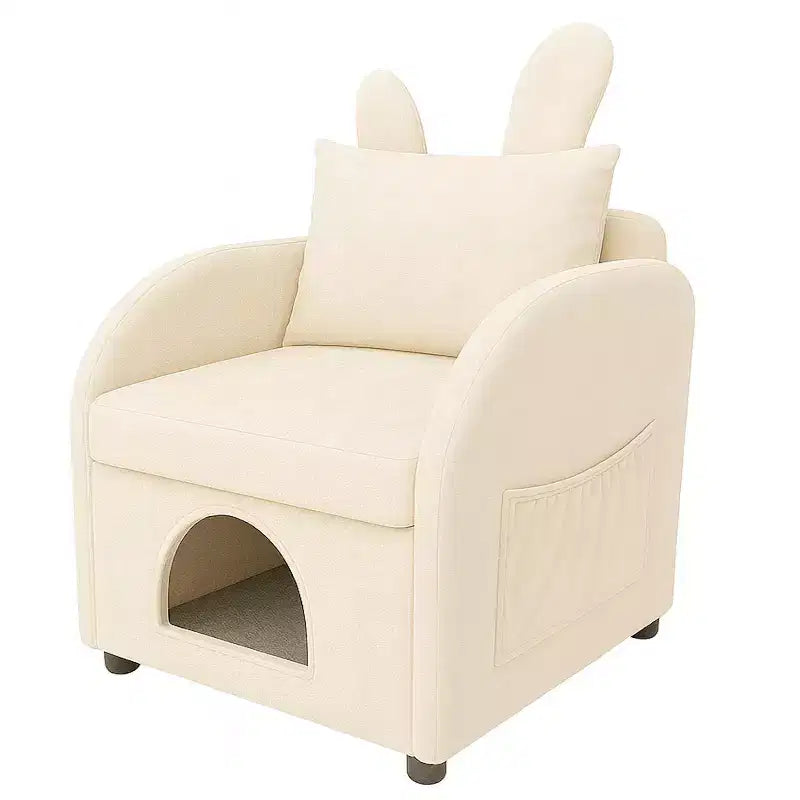 JVNOXK Fauteuil convivial pour animaux de compagnie de 27 pouces avec oreilles de lapin, cachette intégrée pour chat/chien et poches latérales, canapé-chaise confortable à double usage, beige