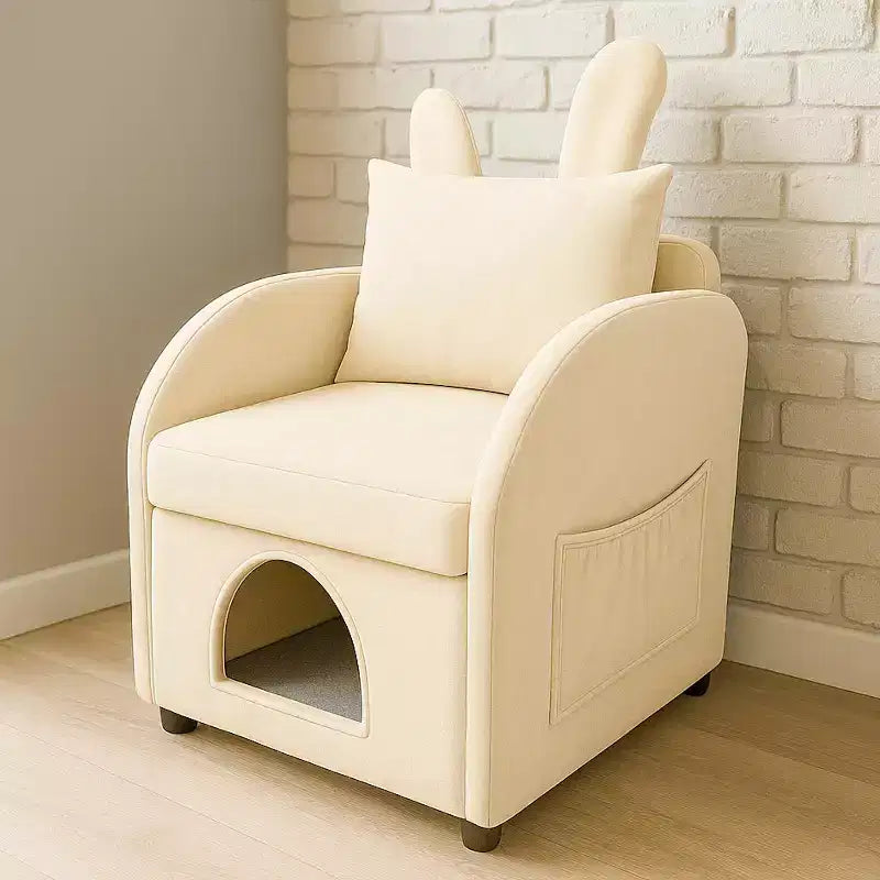 JVNOXK Fauteuil convivial pour animaux de compagnie de 27 pouces avec oreilles de lapin, cachette intégrée pour chat/chien et poches latérales, canapé-chaise confortable à double usage, beige