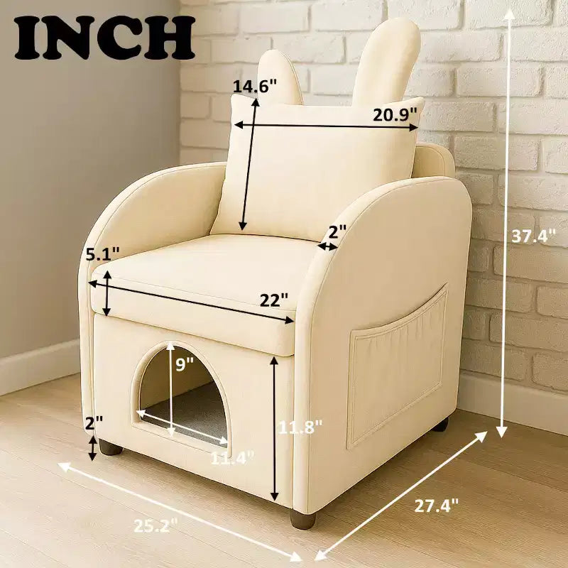 JVNOXK Fauteuil convivial pour animaux de compagnie de 27 pouces avec oreilles de lapin, cachette intégrée pour chat/chien et poches latérales, canapé-chaise confortable à double usage, beige