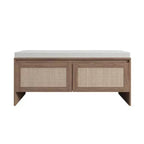 Banc de rangement en rotin PP avec coussin : Armoire à chaussures à 2 portes, siège d'entrée moderne du milieu du siècle pour couloir, chambre, vestiaire - Finition naturelle