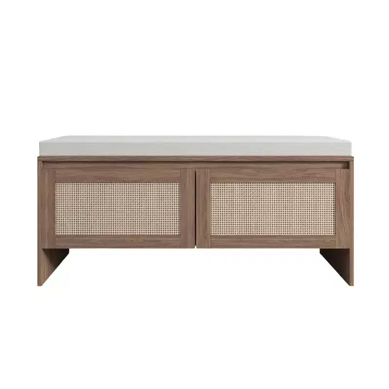 Banc de rangement en rotin PP avec coussin : Armoire à chaussures à 2 portes, siège d'entrée moderne du milieu du siècle pour couloir, chambre, vestiaire - Finition naturelle