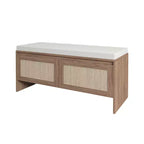 Banc de rangement en rotin PP avec coussin : Armoire à chaussures à 2 portes, siège d'entrée moderne du milieu du siècle pour couloir, chambre, vestiaire - Finition naturelle