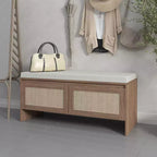 Banc de rangement en rotin PP avec coussin : Armoire à chaussures à 2 portes, siège d'entrée moderne du milieu du siècle pour couloir, chambre, vestiaire - Finition naturelle