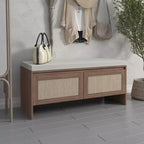 Banc de rangement en rotin PP avec coussin : Armoire à chaussures à 2 portes, siège d'entrée moderne du milieu du siècle pour couloir, chambre, vestiaire - Finition naturelle