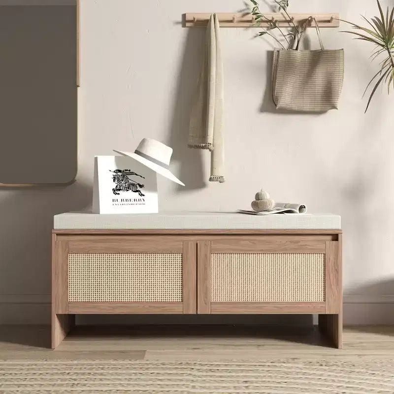 Banc de rangement en rotin PP avec coussin : Armoire à chaussures à 2 portes, siège d'entrée moderne du milieu du siècle pour couloir, chambre, vestiaire - Finition naturelle