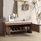 Banc de rangement en rotin PP avec coussin : Armoire à chaussures à 2 portes, siège d'entrée moderne du milieu du siècle pour couloir, chambre, vestiaire - Finition naturelle