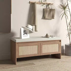 Banc de rangement en rotin PP avec coussin : Armoire à chaussures à 2 portes, siège d'entrée moderne du milieu du siècle pour couloir, chambre, vestiaire - Finition naturelle