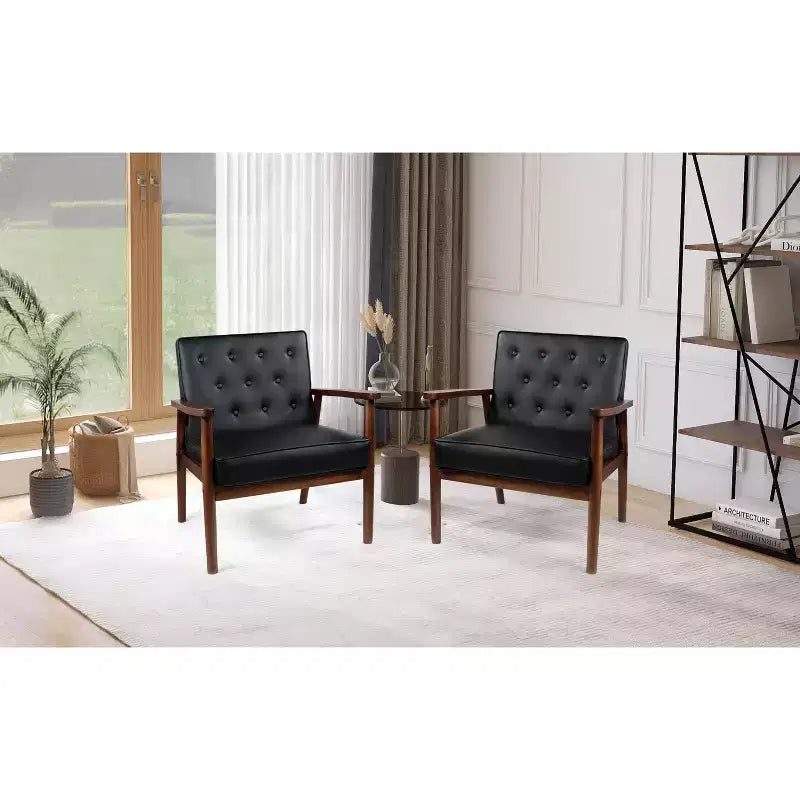 Fauteuil d'appoint en similicuir capitonné de style Mid-Century TYBOATLE, fauteuil à accoudoirs capitonné avec cadre en bois pour salon et chambre à coucher, à l'unité ou par lot de 2