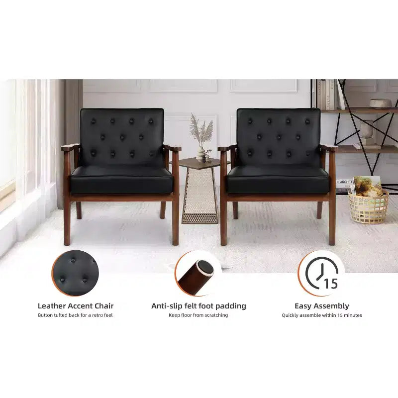 Fauteuil d'appoint en similicuir capitonné de style Mid-Century TYBOATLE, fauteuil à accoudoirs capitonné avec cadre en bois pour salon et chambre à coucher, à l'unité ou par lot de 2