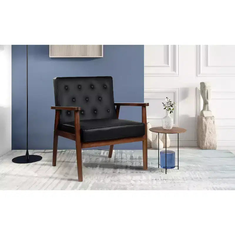 Fauteuil d'appoint en similicuir capitonné de style Mid-Century TYBOATLE, fauteuil à accoudoirs capitonné avec cadre en bois pour salon et chambre à coucher, à l'unité ou par lot de 2