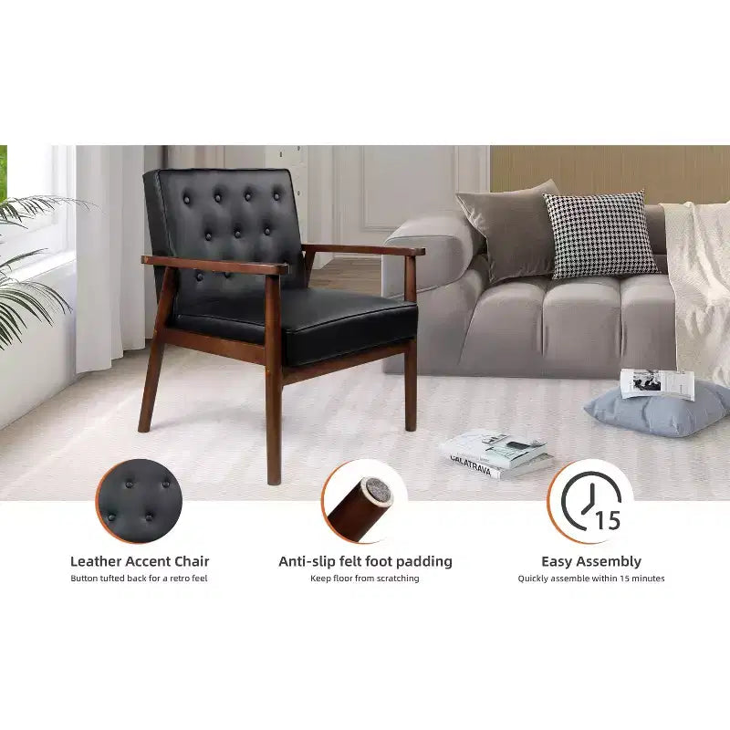 Fauteuil d'appoint en similicuir capitonné de style Mid-Century TYBOATLE, fauteuil à accoudoirs capitonné avec cadre en bois pour salon et chambre à coucher, à l'unité ou par lot de 2