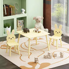 Etokfoks Kids Table and Chair Set with 2 Bunny Chairs Wooden Activity Table for Toddlers Animal Design for Playroom Bedroom Classroom Cream Yellow