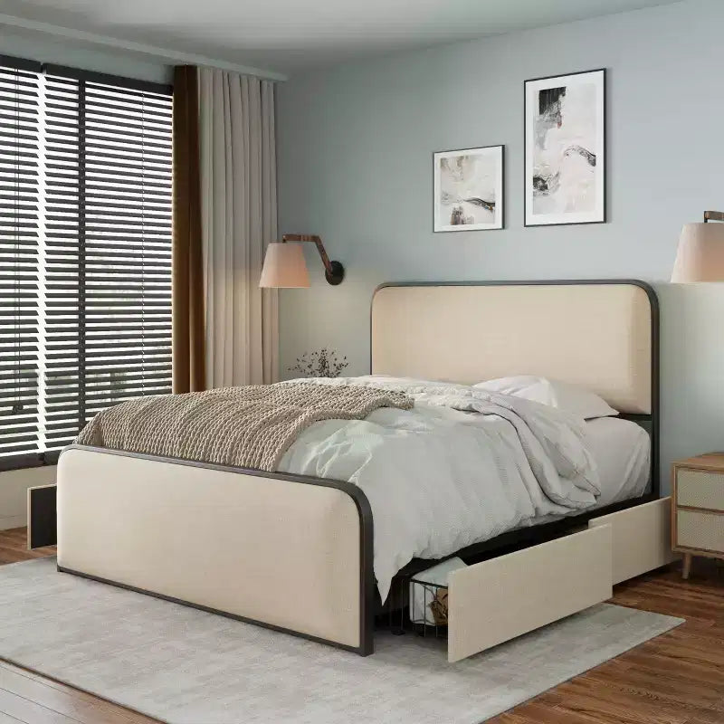 Lit double/King size plateforme en métal avec tête et pied de lit incurvés capitonnés, cadre de lit en métal robuste pour chambre à coucher
