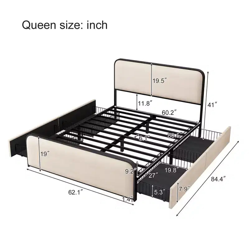 Lit double/King size plateforme en métal avec tête et pied de lit incurvés capitonnés, cadre de lit en métal robuste pour chambre à coucher