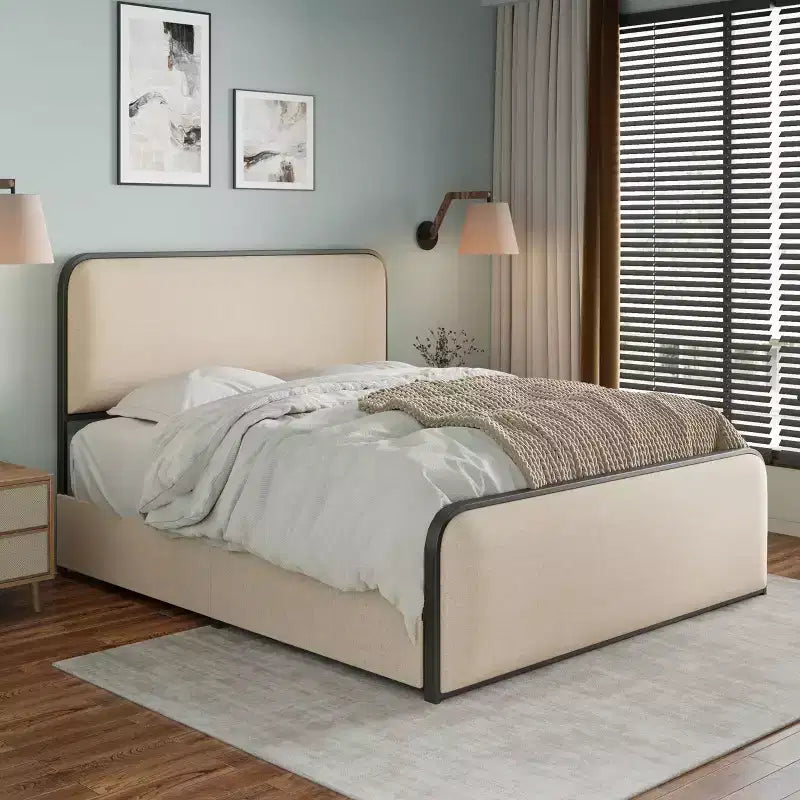 Lit double/King size plateforme en métal avec tête et pied de lit incurvés capitonnés, cadre de lit en métal robuste pour chambre à coucher