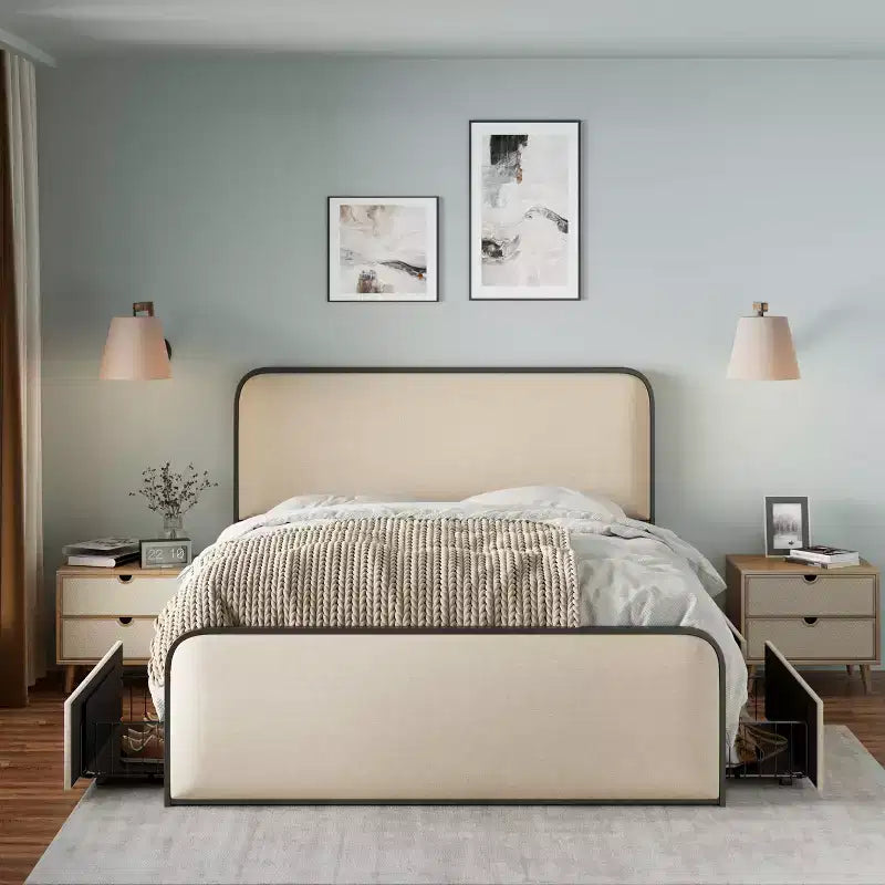 Lit double/King size plateforme en métal avec tête et pied de lit incurvés capitonnés, cadre de lit en métal robuste pour chambre à coucher