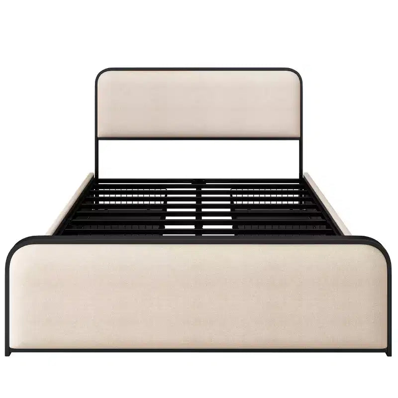 Lit double/King size plateforme en métal avec tête et pied de lit incurvés capitonnés, cadre de lit en métal robuste pour chambre à coucher
