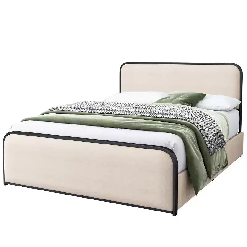 Lit double/King size plateforme en métal avec tête et pied de lit incurvés capitonnés, cadre de lit en métal robuste pour chambre à coucher