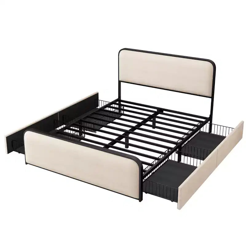 Lit double/King size plateforme en métal avec tête et pied de lit incurvés capitonnés, cadre de lit en métal robuste pour chambre à coucher