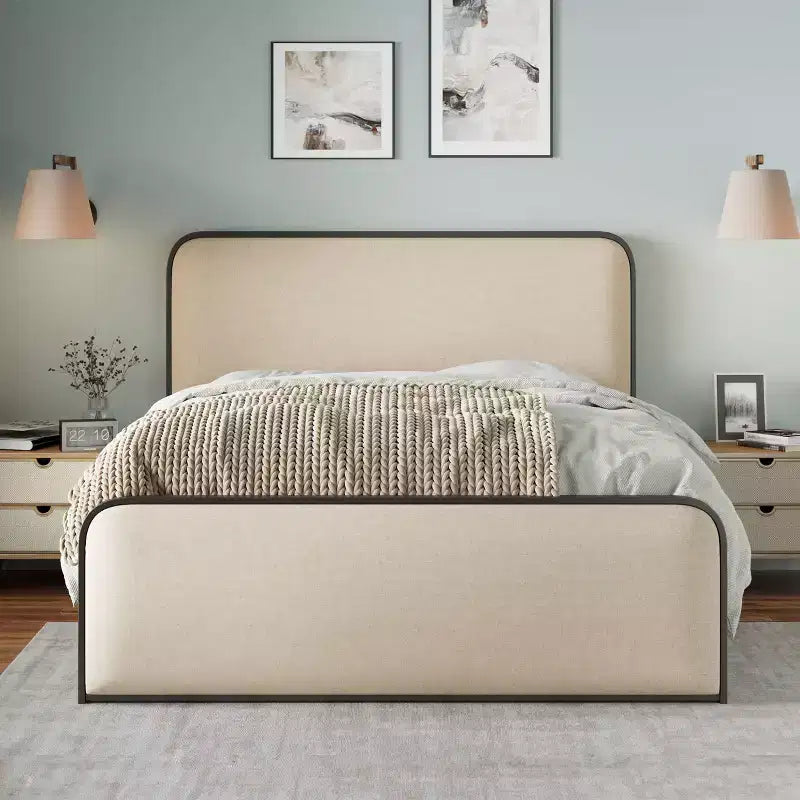 Lit double/King size plateforme en métal avec tête et pied de lit incurvés capitonnés, cadre de lit en métal robuste pour chambre à coucher
