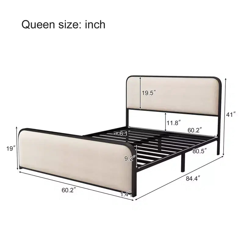 Lit double/King size plateforme en métal avec tête et pied de lit incurvés capitonnés, cadre de lit en métal robuste pour chambre à coucher