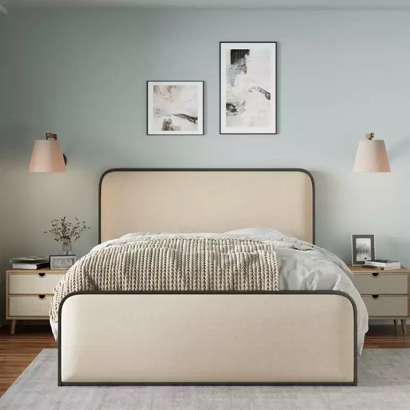 Lit double/King size plateforme en métal avec tête et pied de lit incurvés capitonnés, cadre de lit en métal robuste pour chambre à coucher