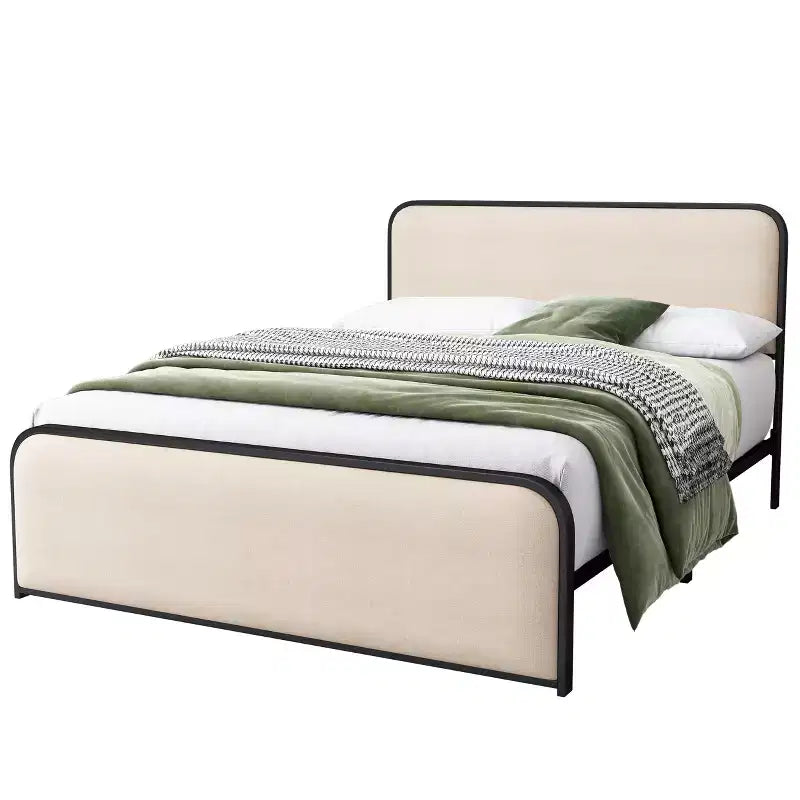 Lit double/King size plateforme en métal avec tête et pied de lit incurvés capitonnés, cadre de lit en métal robuste pour chambre à coucher