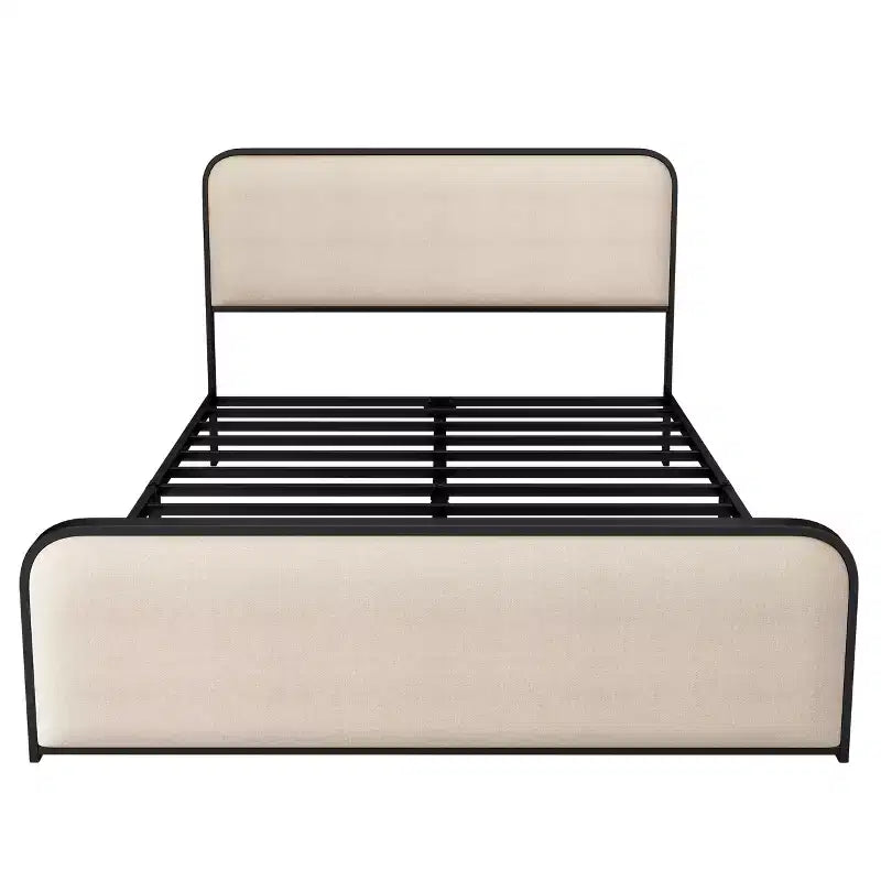 Lit double/King size plateforme en métal avec tête et pied de lit incurvés capitonnés, cadre de lit en métal robuste pour chambre à coucher
