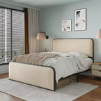 Queen/King Size Metal Platform Bed with Curved Upholstered Headboard and Footboard, Heavy Duty Metal Bed Frame for Bedroom