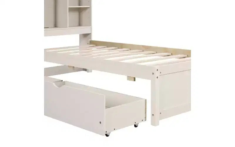 JVNOXK Lit double moderne de 221 cm avec tête de lit double étage en étagère, ports USB intégrés et deux tiroirs. Fini blanc cérusé.